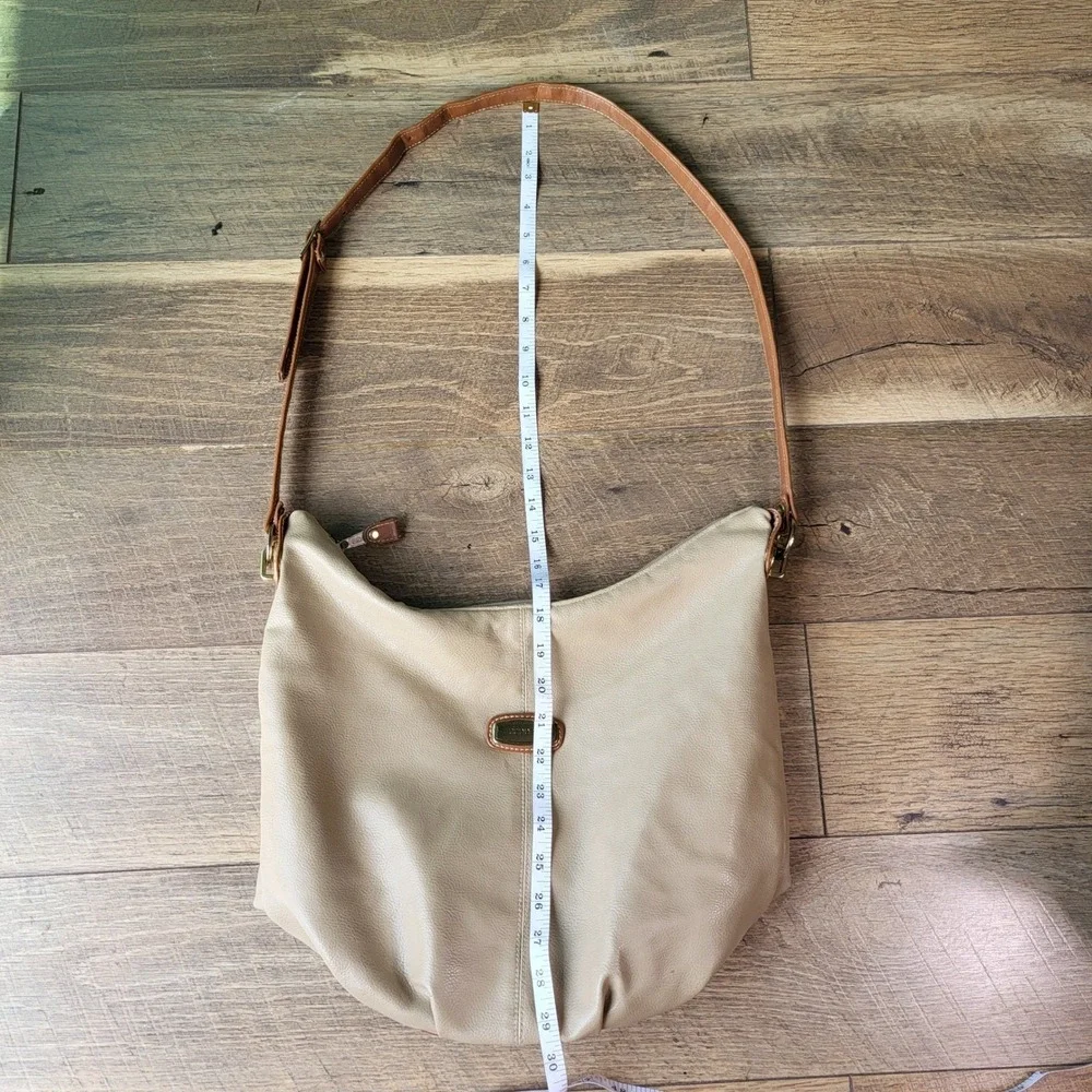 Capezio Vintage Beige Faux Leather Hobo Shoulder Bag Cognac Trim Gold Hardware